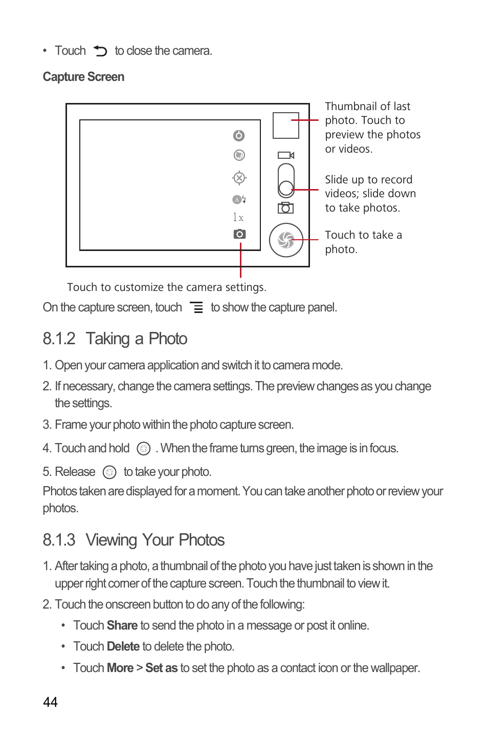 Capture screen, 2 taking a photo, 3 viewing your photos | Huawei M886 Criket User Manual | Page 48 / 86