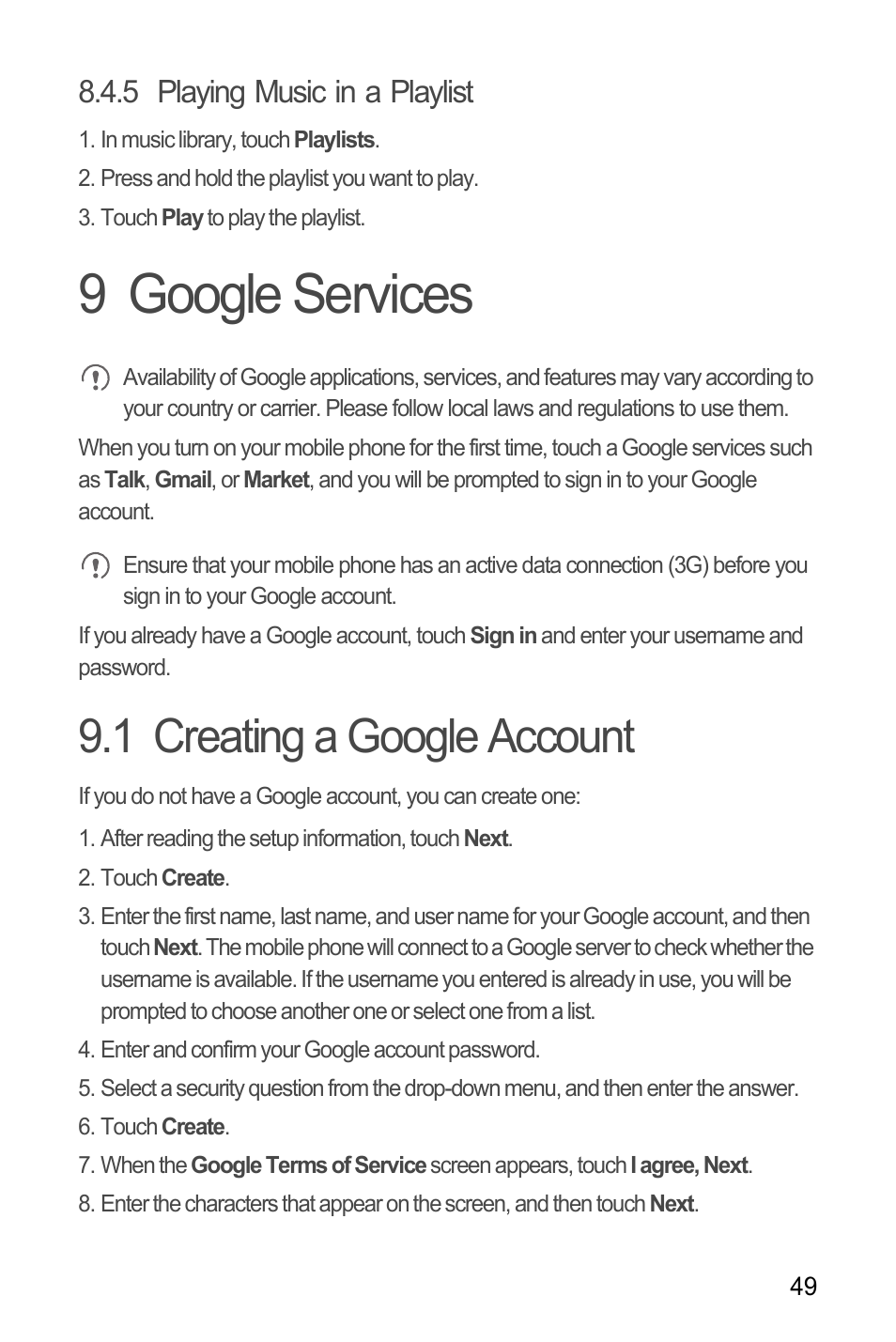 5 playing music in a playlist, 9 google services, 1 creating a google account | Huawei M886 Criket User Manual | Page 53 / 86