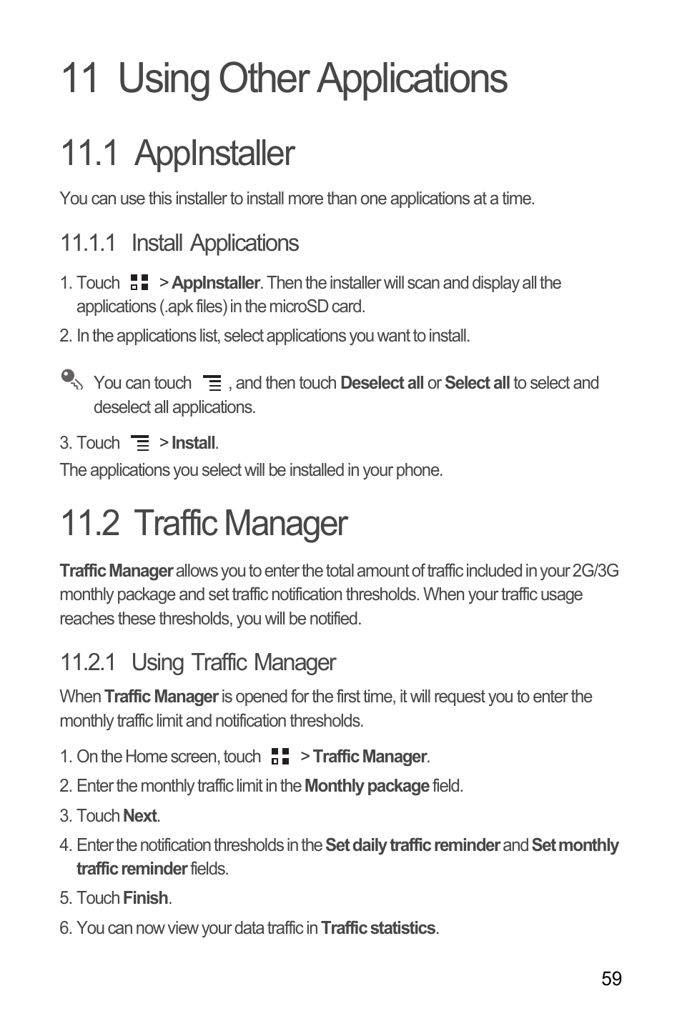 11 using other applications, 1 appinstaller, 1 install applications | 2 traffic manager, 1 using traffic manager, 1 appinstaller 11.2 traffic manager | Huawei M886 Criket User Manual | Page 63 / 86