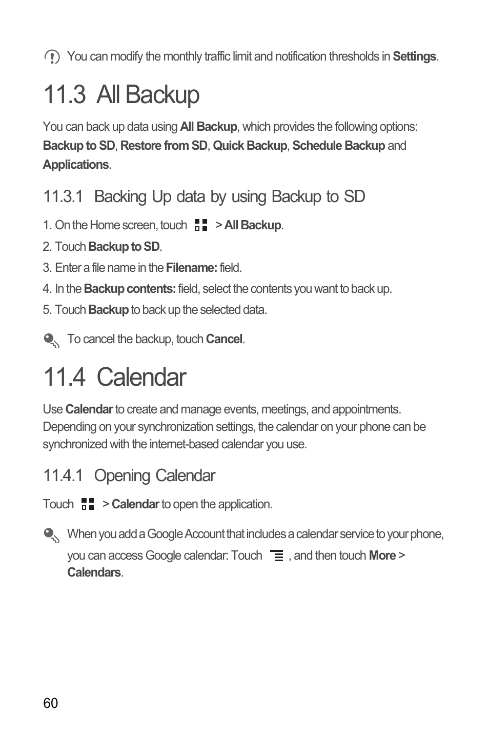 3 all backup, 1 backing up data by using backup to sd, 4 calendar | 1 opening calendar, 3 all backup 11.4 calendar | Huawei M886 Criket User Manual | Page 64 / 86