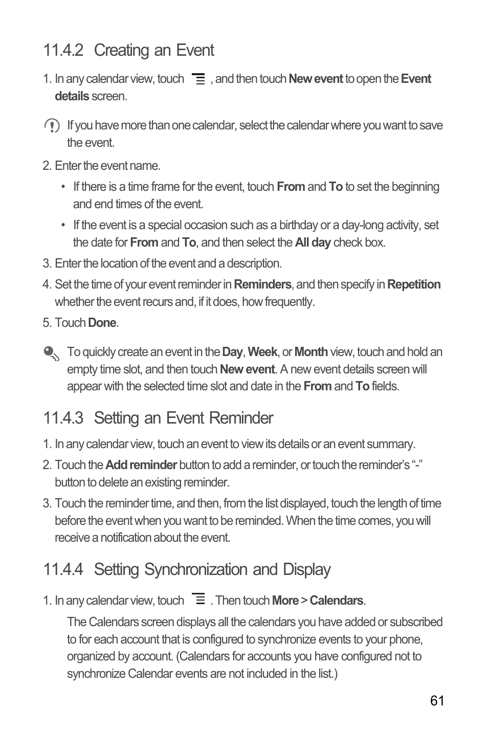 2 creating an event, 3 setting an event reminder, 4 setting synchronization and display | Huawei M886 Criket User Manual | Page 65 / 86