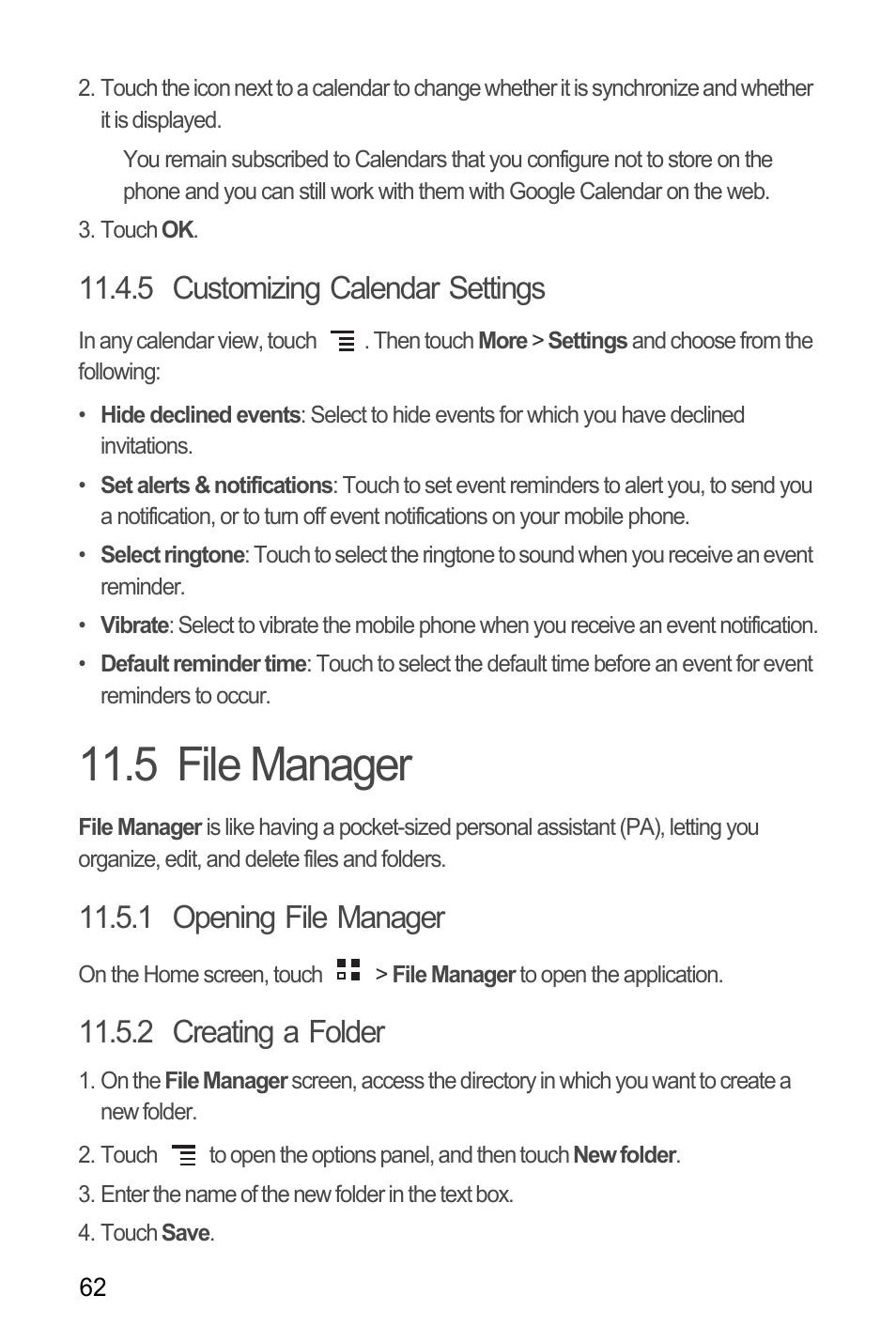 5 customizing calendar settings, 5 file manager, 1 opening file manager | 2 creating a folder | Huawei M886 Criket User Manual | Page 66 / 86