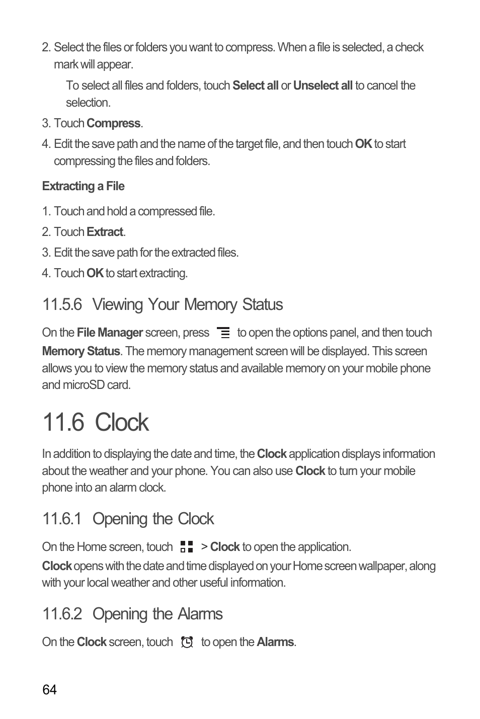 Extracting a file, 6 viewing your memory status, 6 clock | 1 opening the clock, 2 opening the alarms | Huawei M886 Criket User Manual | Page 68 / 86
