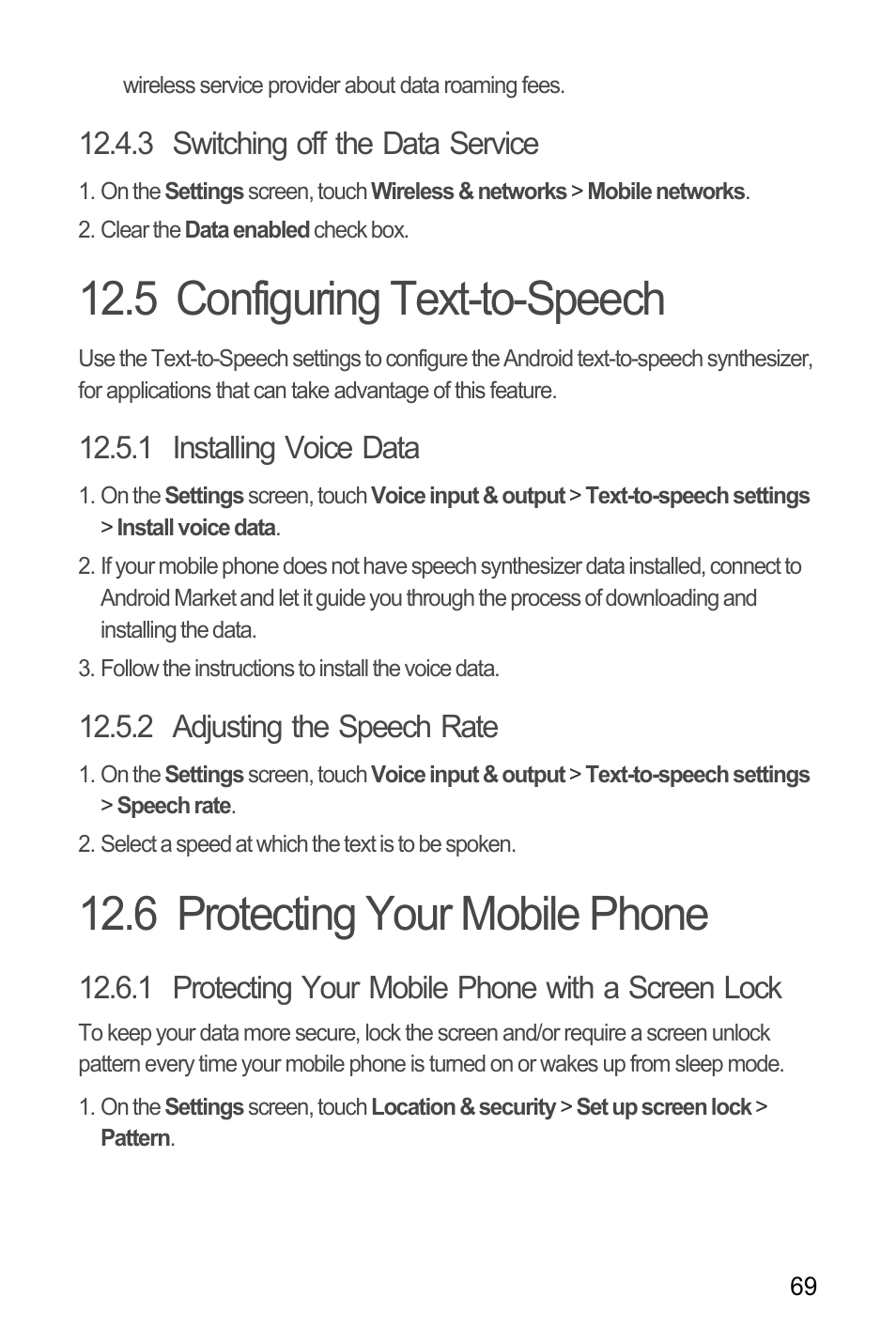 3 switching off the data service, 5 configuring text-to-speech, 1 installing voice data | 2 adjusting the speech rate, 6 protecting your mobile phone, 1 protecting your mobile phone with a screen lock | Huawei M886 Criket User Manual | Page 73 / 86