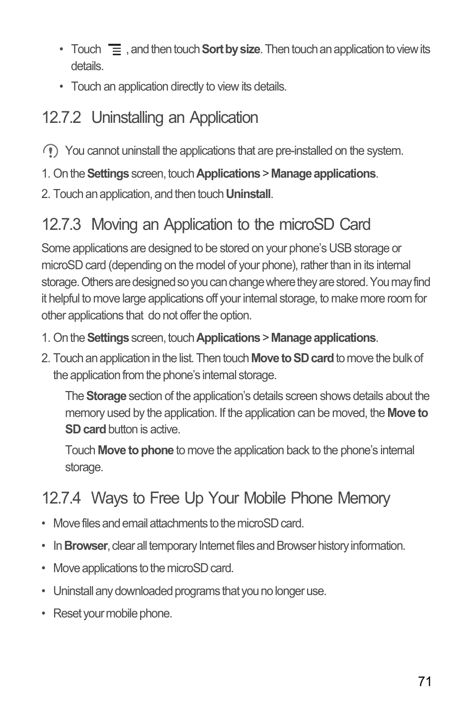 2 uninstalling an application, 3 moving an application to the microsd card, 4 ways to free up your mobile phone memory | Huawei M886 Criket User Manual | Page 75 / 86