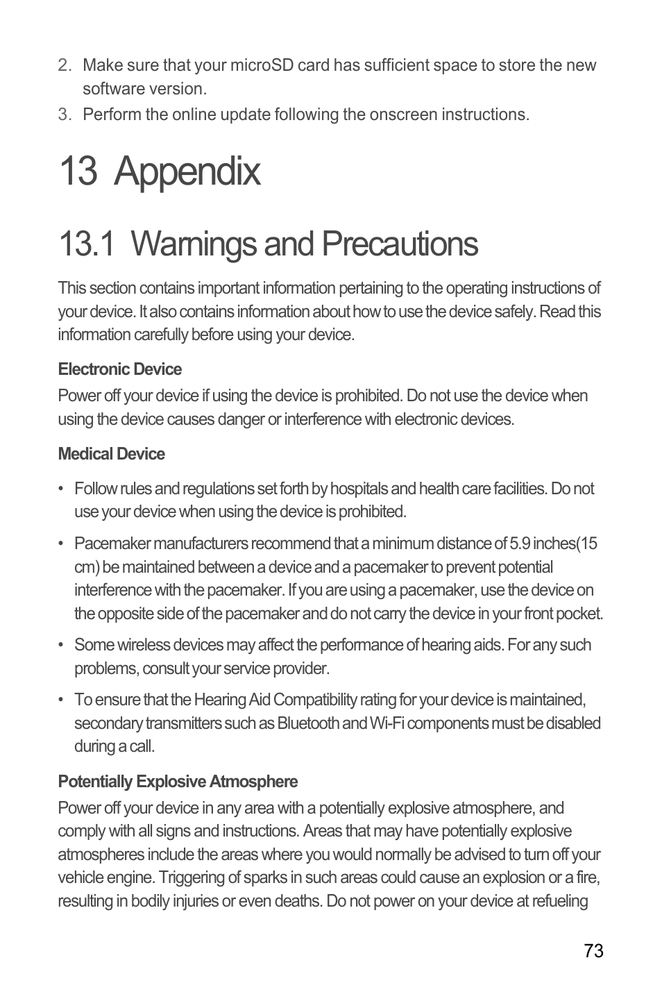 13 appendix, 1 warnings and precautions, Electronic device | Medical device, Potentially explosive atmosphere | Huawei M886 Criket User Manual | Page 77 / 86