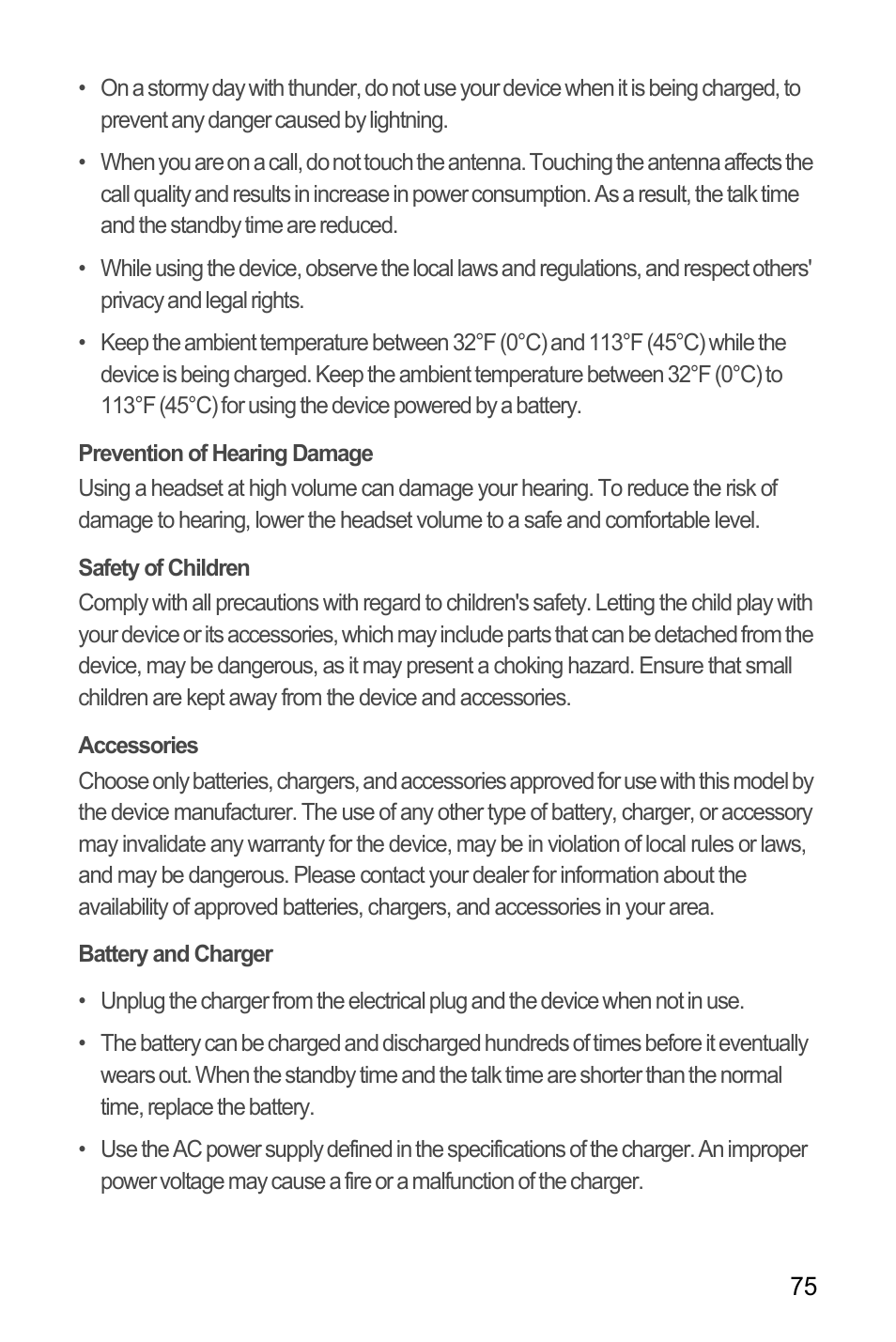 Prevention of hearing damage, Safety of children, Accessories | Battery and charger | Huawei M886 Criket User Manual | Page 79 / 86