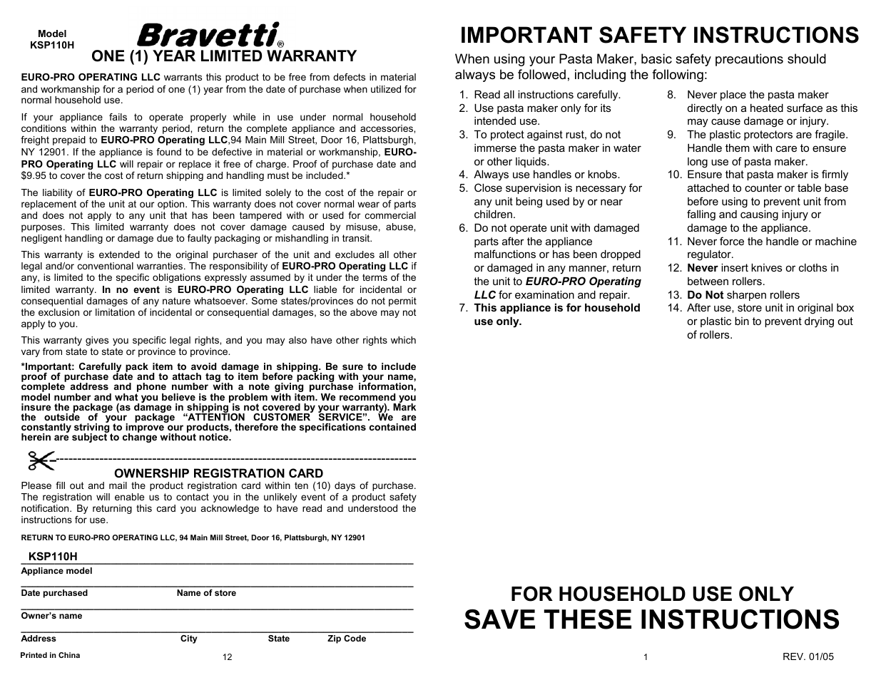 Save these instructions, Important safety instructions, For household use only | One (1) year limited warranty | Bravetti OLD WORLD KPS110H User Manual | Page 3 / 8