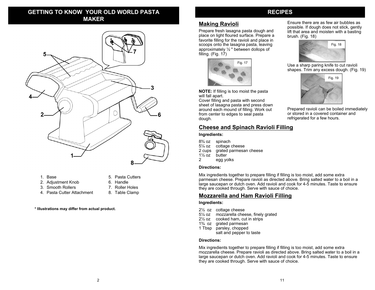 Recipes getting to know your old world pasta maker, Making ravioli, Cheese and spinach ravioli filling | Mozzarella and ham ravioli filling | Bravetti OLD WORLD KPS110H User Manual | Page 4 / 8