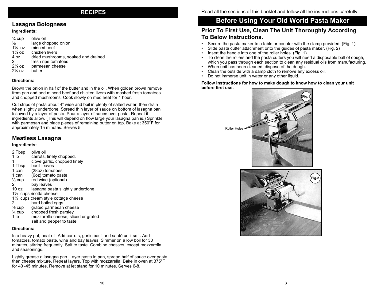 Before using your old world pasta maker, Recipes, Lasagna bolognese | Meatless lasagna | Bravetti OLD WORLD KPS110H User Manual | Page 5 / 8