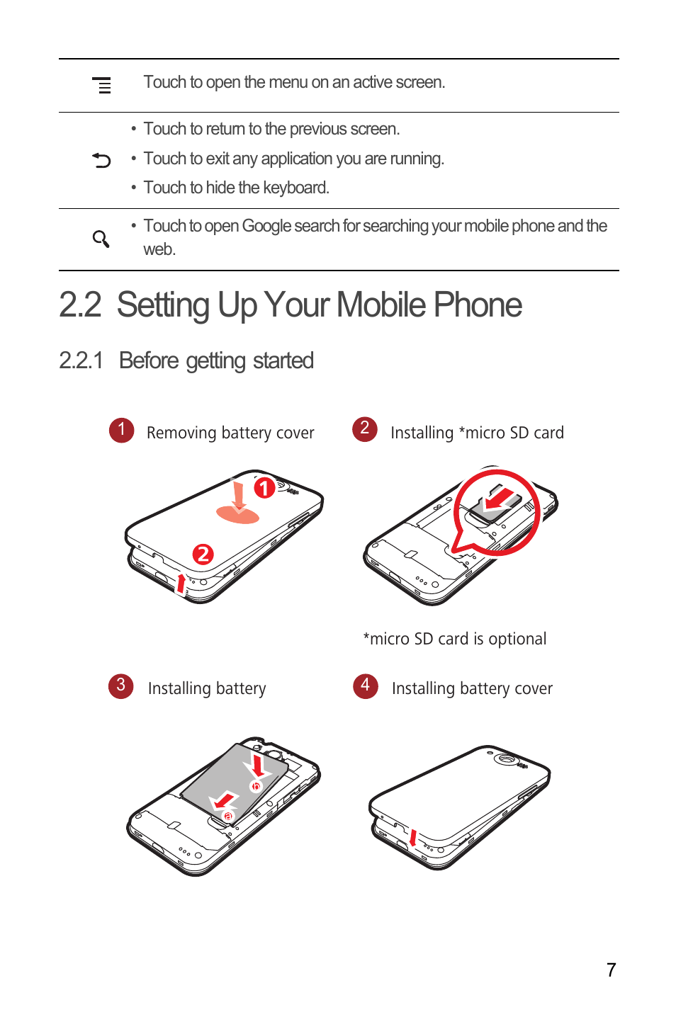 2 setting up your mobile phone, 1 before getting started | Huawei M886 Criket User Manual | Page 11 / 84