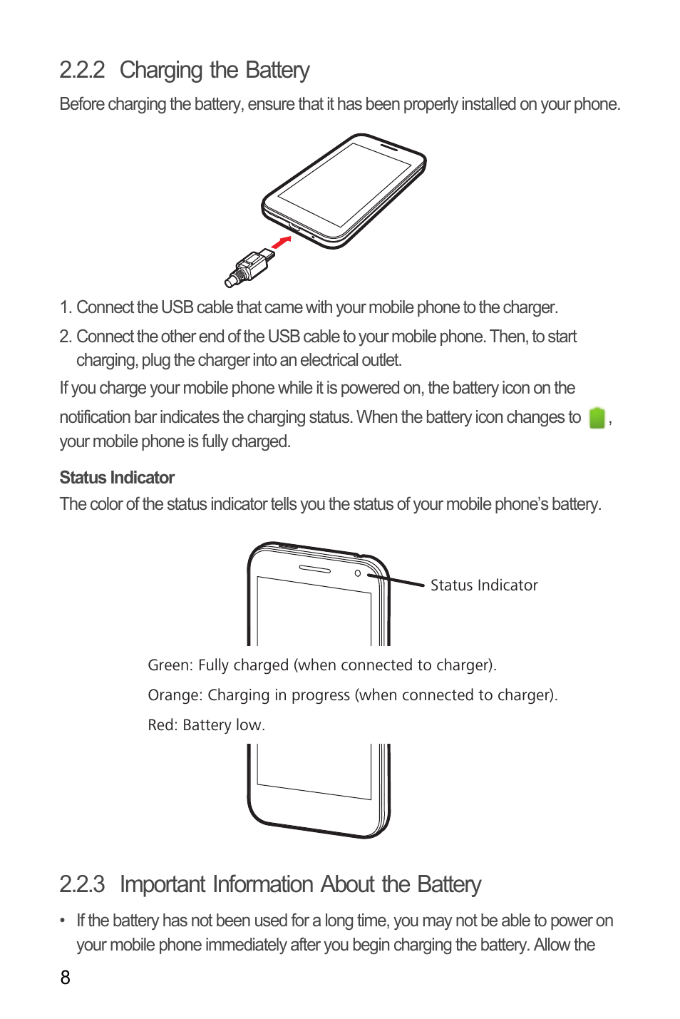 2 charging the battery, Status indicator, 3 important information about the battery | Huawei M886 Criket User Manual | Page 12 / 84