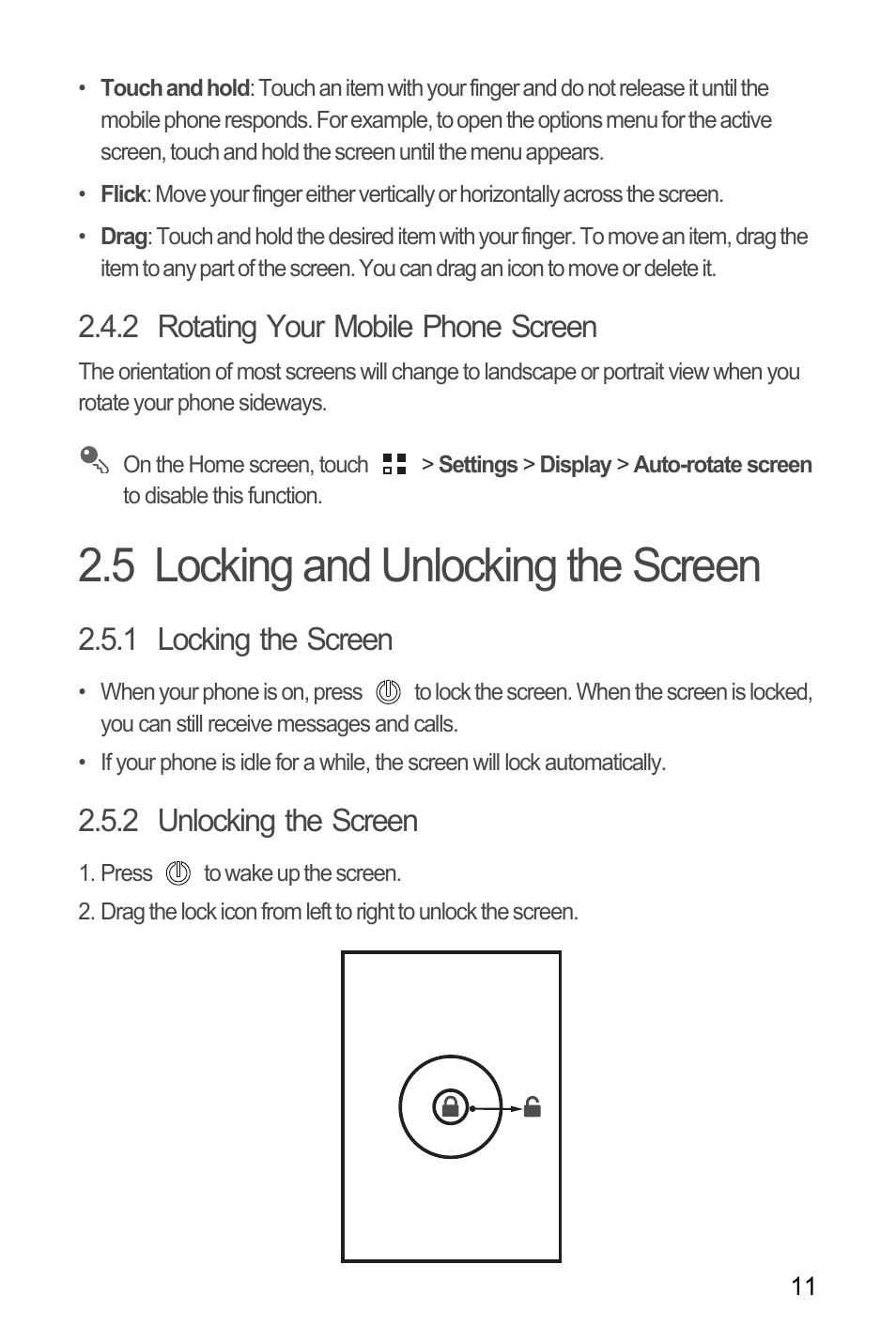 2 rotating your mobile phone screen, 5 locking and unlocking the screen, 1 locking the screen | 2 unlocking the screen | Huawei M886 Criket User Manual | Page 15 / 84