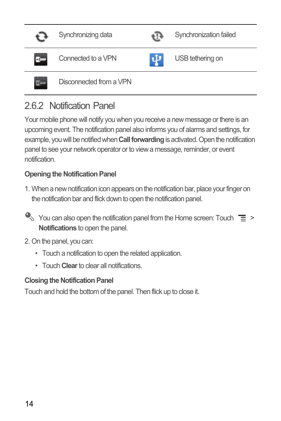 2 notification panel, Opening the notification panel, Closing the notification panel | Huawei M886 Criket User Manual | Page 18 / 84