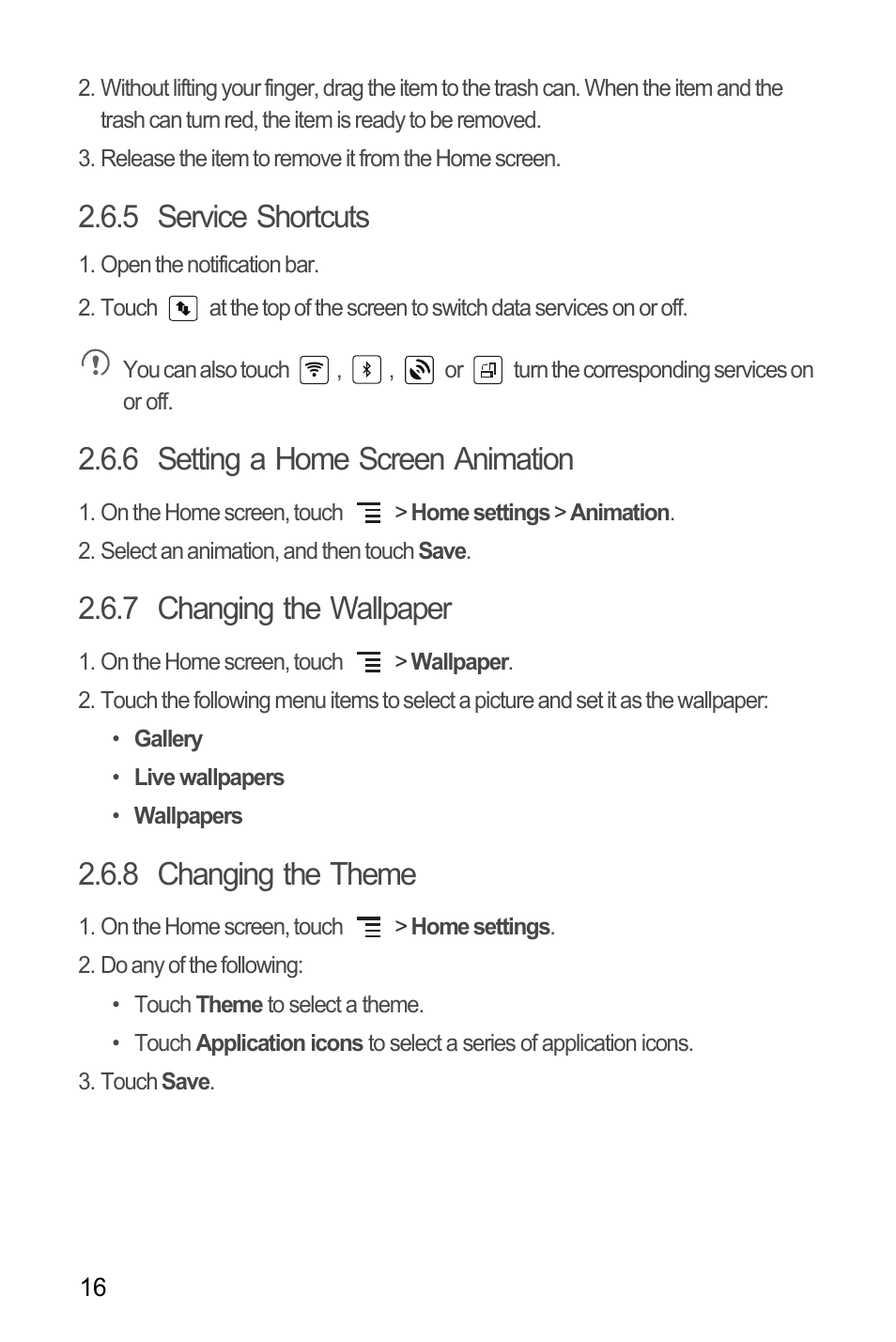 5 service shortcuts, 6 setting a home screen animation, 7 changing the wallpaper | 8 changing the theme | Huawei M886 Criket User Manual | Page 20 / 84