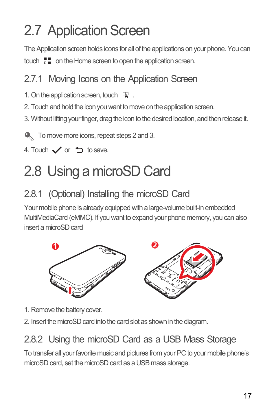 7 application screen, 1 moving icons on the application screen, 8 using a microsd card | 1 (optional) installing the microsd card, 2 using the microsd card as a usb mass storage, 7 application screen 2.8 using a microsd card | Huawei M886 Criket User Manual | Page 21 / 84