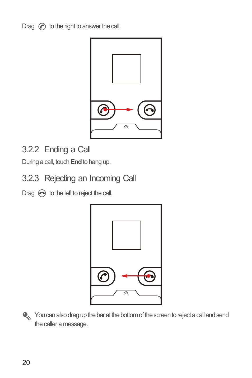 2 ending a call, 3 rejecting an incoming call | Huawei M886 Criket User Manual | Page 24 / 84