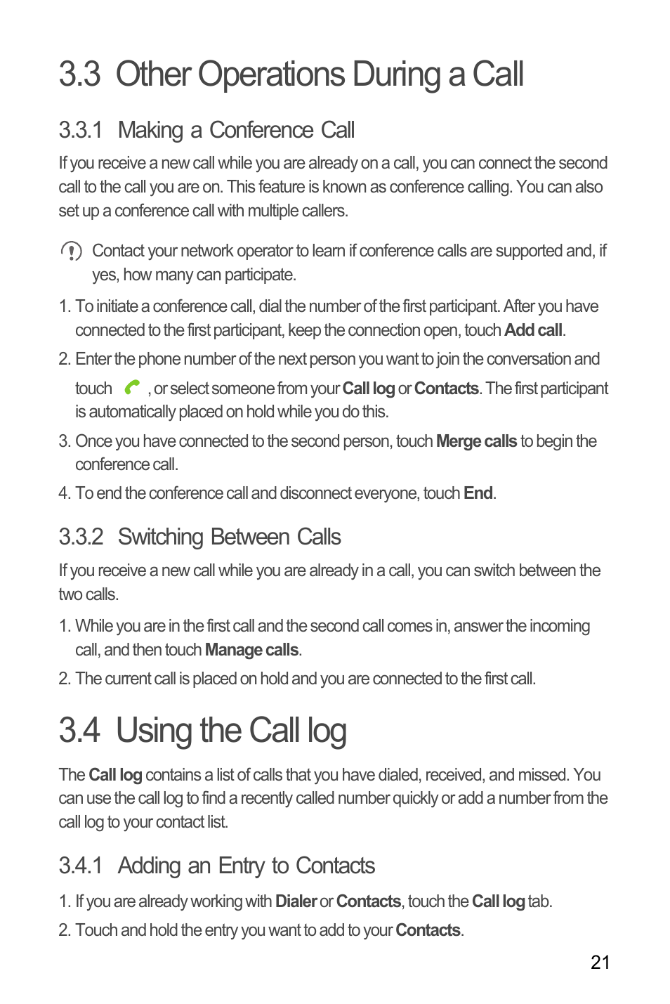 3 other operations during a call, 1 making a conference call, 2 switching between calls | 4 using the call log, 1 adding an entry to contacts | Huawei M886 Criket User Manual | Page 25 / 84