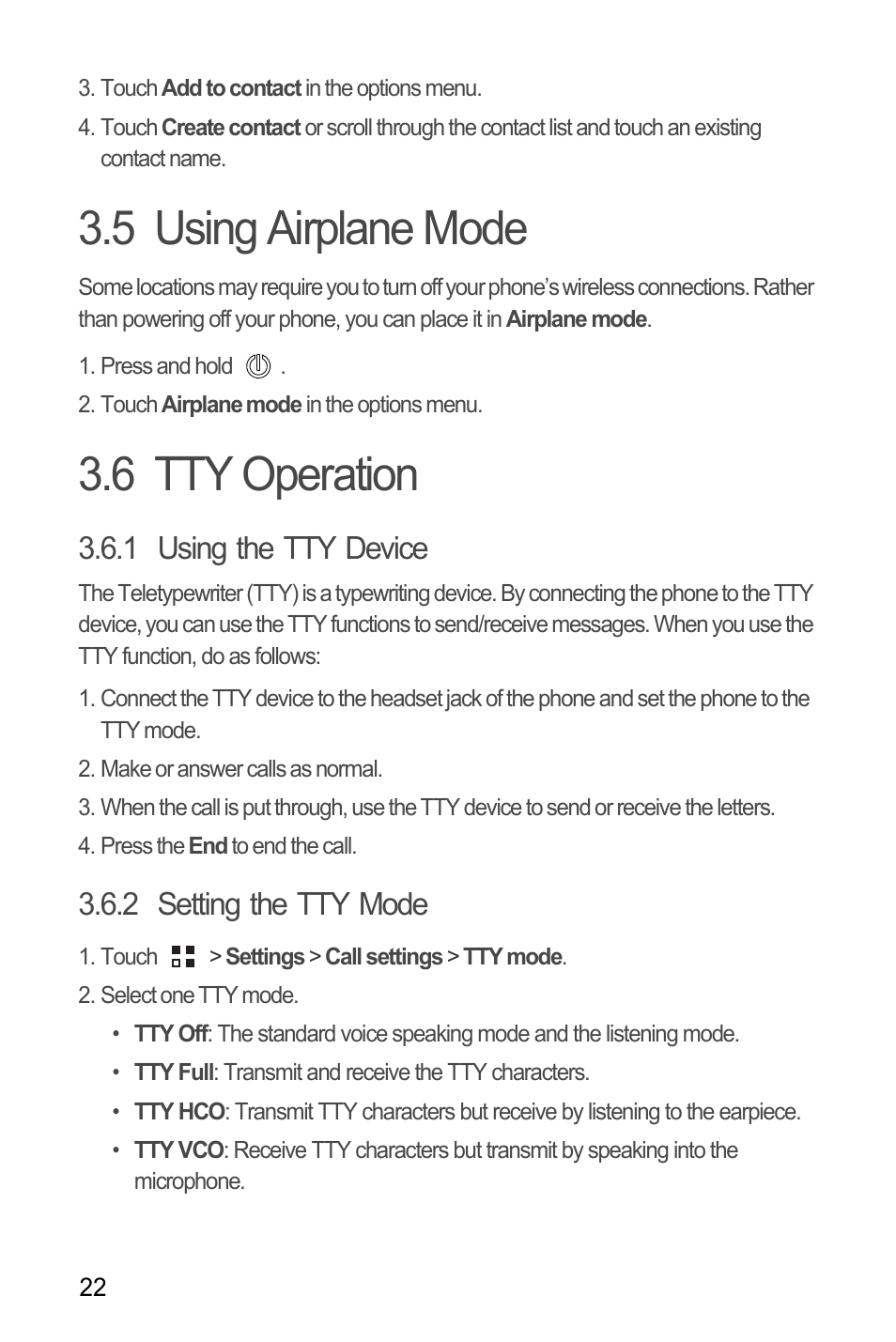 5 using airplane mode, 6 tty operation, 1 using the tty device | 2 setting the tty mode, 5 using airplane mode 3.6 tty operation | Huawei M886 Criket User Manual | Page 26 / 84