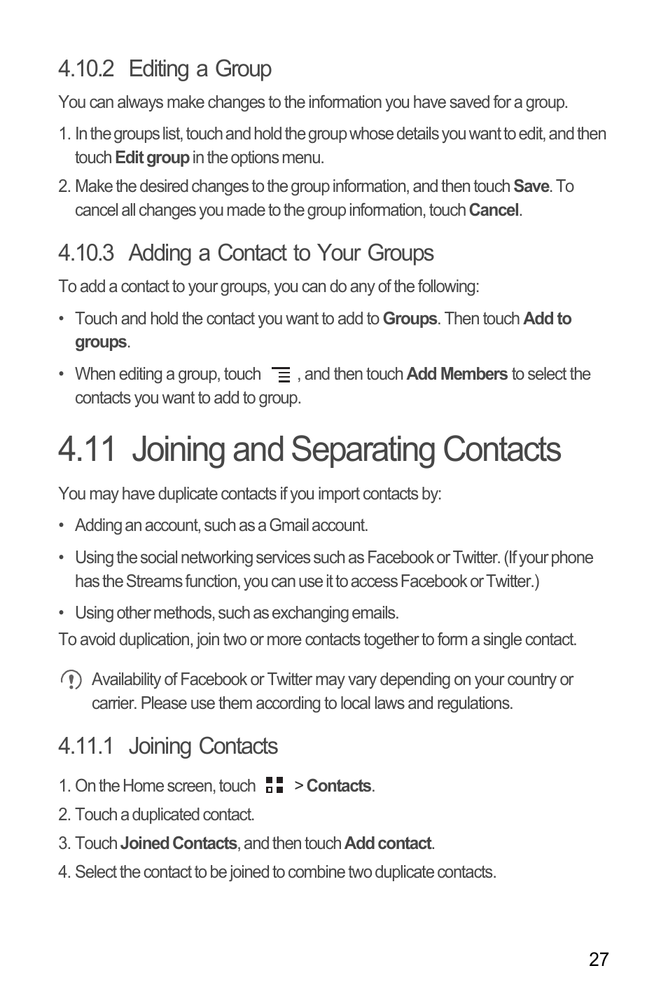 2 editing a group, 3 adding a contact to your groups, 11 joining and separating contacts | 1 joining contacts | Huawei M886 Criket User Manual | Page 31 / 84