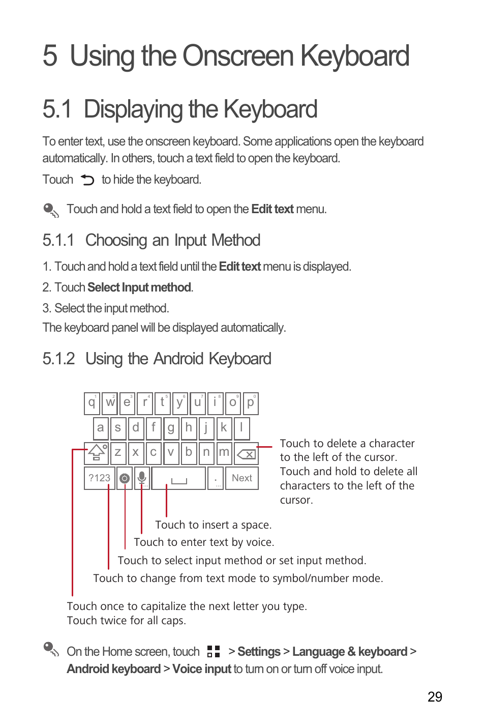 5 using the onscreen keyboard, 1 displaying the keyboard, 1 choosing an input method | 2 using the android keyboard | Huawei M886 Criket User Manual | Page 33 / 84