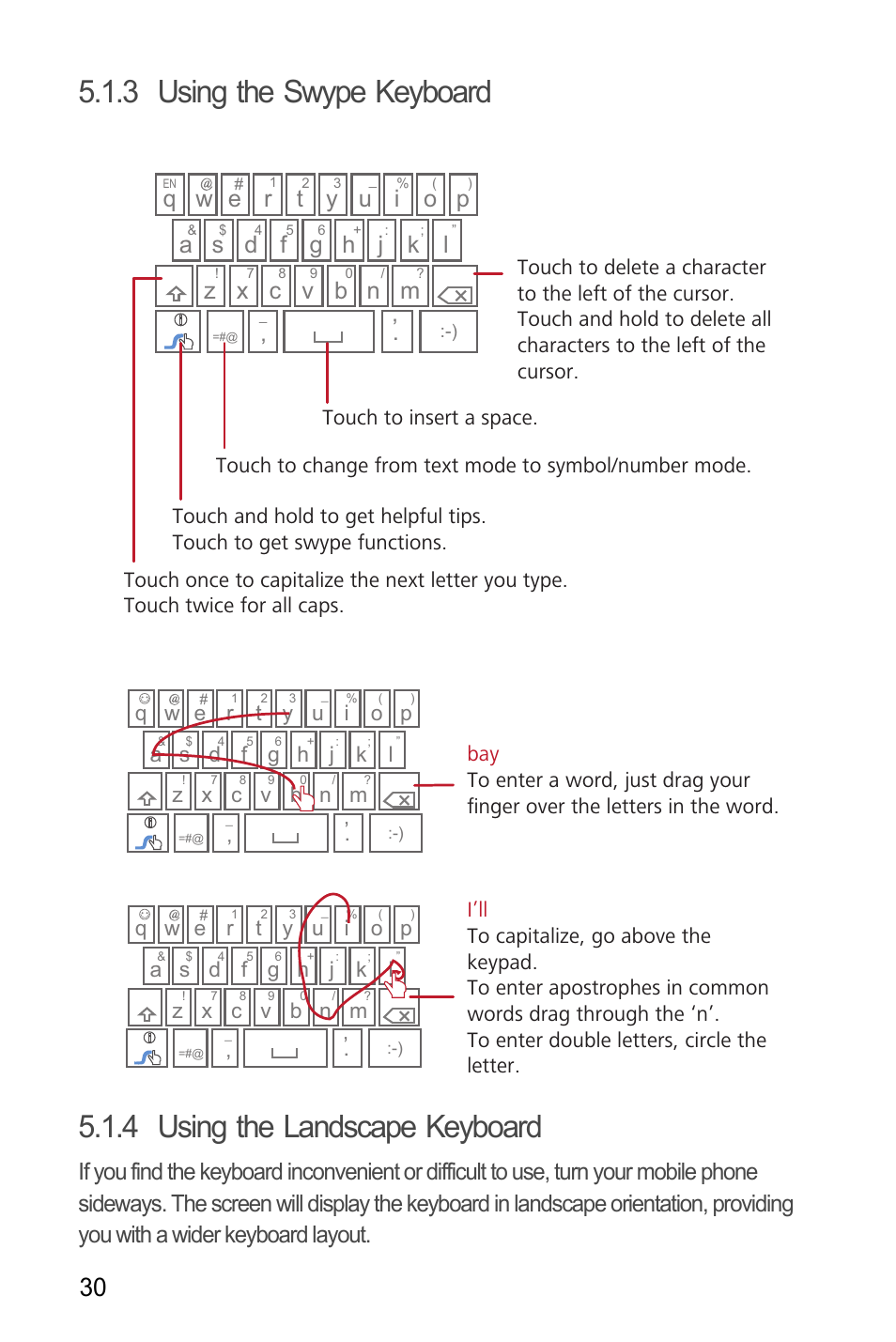 3 using the swype keyboard, 4 using the landscape keyboard | Huawei M886 Criket User Manual | Page 34 / 84