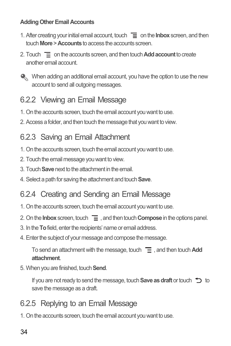 Adding other email accounts, 2 viewing an email message, 3 saving an email attachment | 4 creating and sending an email message, 5 replying to an email message | Huawei M886 Criket User Manual | Page 38 / 84