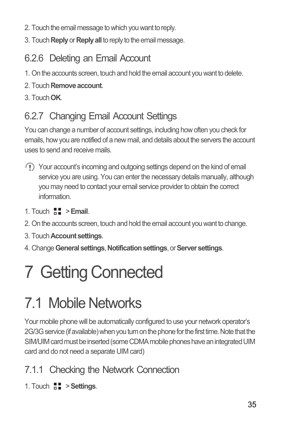 6 deleting an email account, 7 changing email account settings, 7 getting connected | 1 mobile networks, 1 checking the network connection | Huawei M886 Criket User Manual | Page 39 / 84