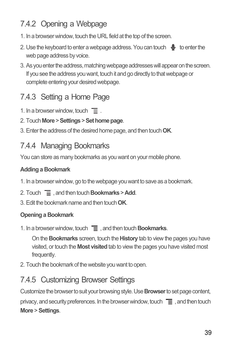 4 managing bookmarks, Adding a bookmark, Opening a bookmark | 5 customizing browser settings, 2 opening a webpage, 3 setting a home page | Huawei M886 Criket User Manual | Page 43 / 84