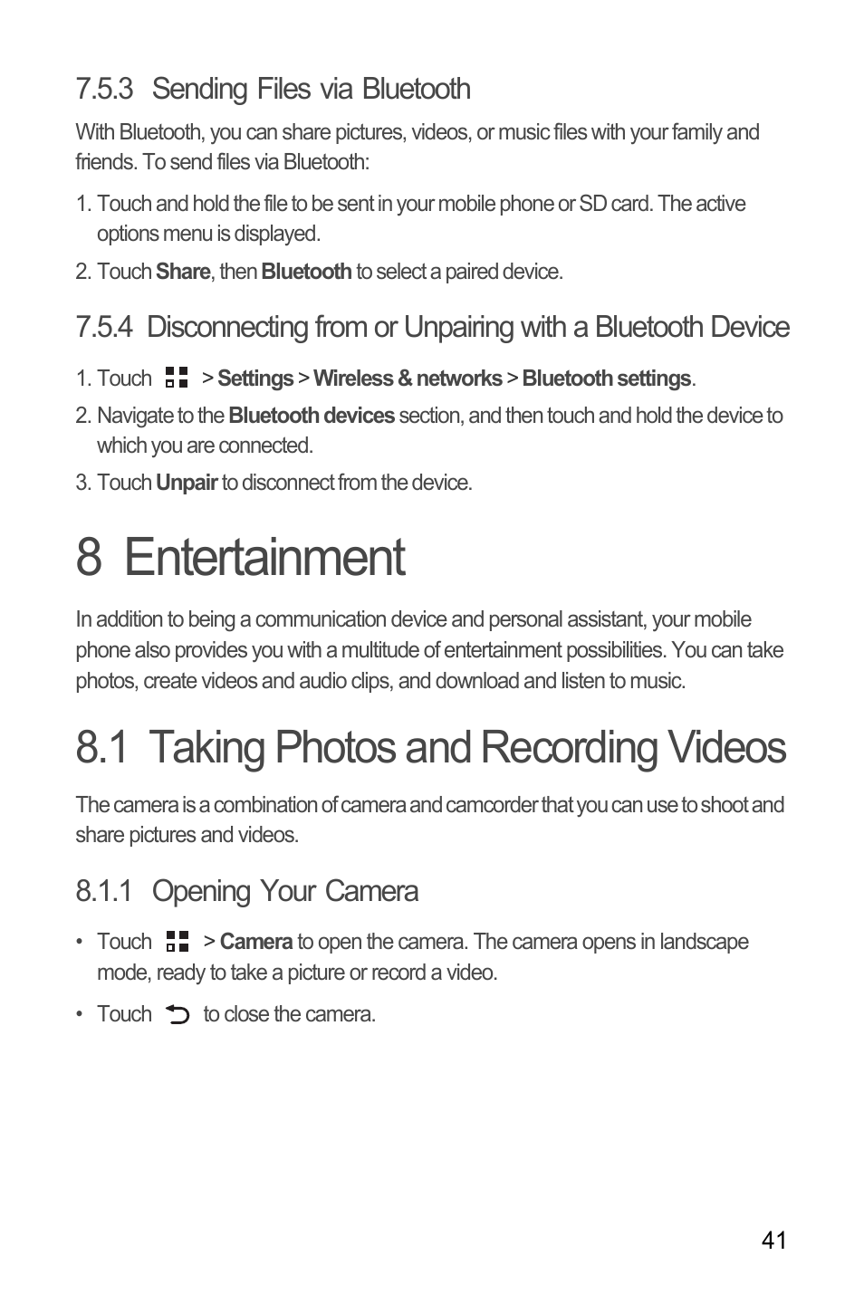 3 sending files via bluetooth, 8 entertainment, 1 taking photos and recording videos | 1 opening your camera | Huawei M886 Criket User Manual | Page 45 / 84