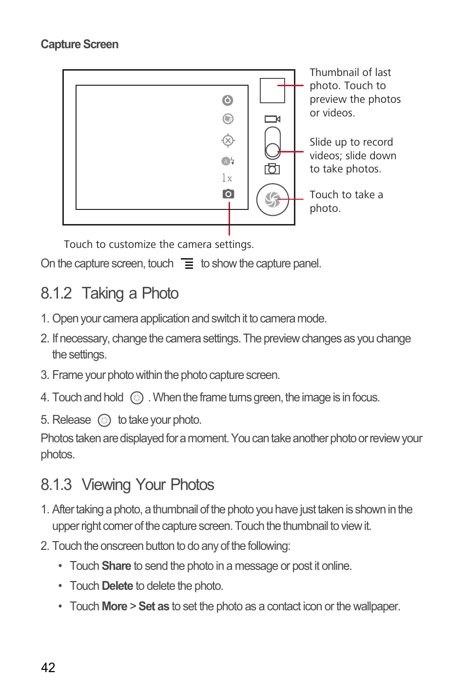 Capture screen, 2 taking a photo, 3 viewing your photos | Huawei M886 Criket User Manual | Page 46 / 84