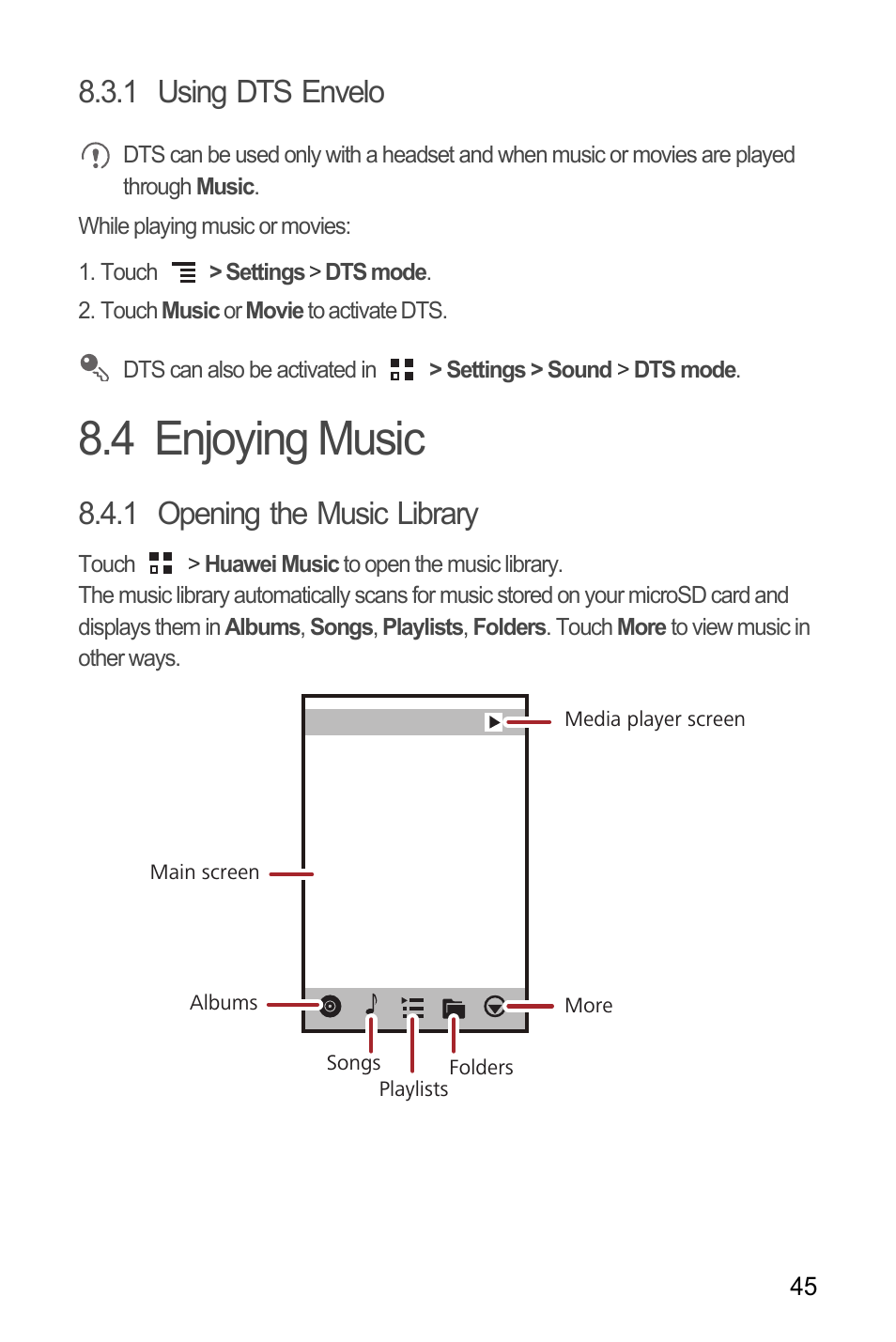 1 using dts envelo, 4 enjoying music, 1 opening the music library | Huawei M886 Criket User Manual | Page 49 / 84