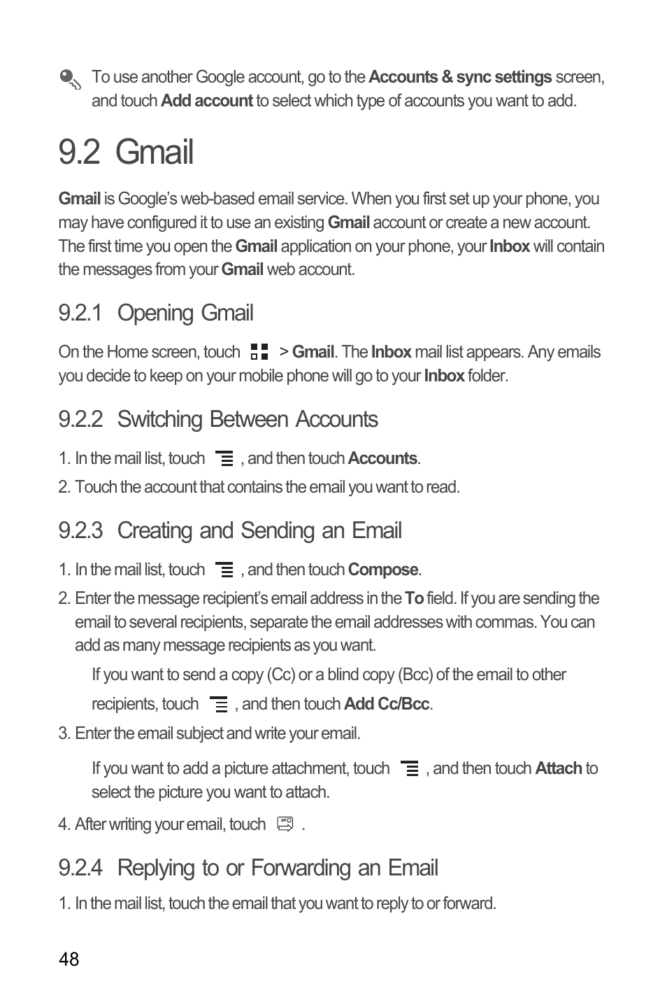 2 gmail, 1 opening gmail, 2 switching between accounts | 3 creating and sending an email, 4 replying to or forwarding an email | Huawei M886 Criket User Manual | Page 52 / 84