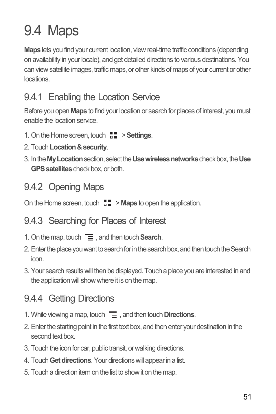 4 maps, 1 enabling the location service, 2 opening maps | 3 searching for places of interest, 4 getting directions | Huawei M886 Criket User Manual | Page 55 / 84