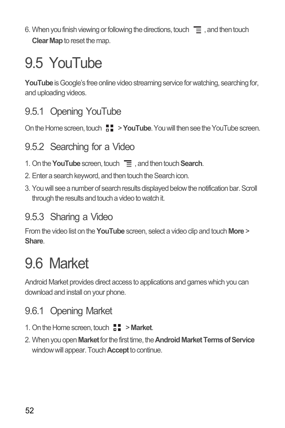 5 youtube, 1 opening youtube, 2 searching for a video | 3 sharing a video, 6 market, 1 opening market | Huawei M886 Criket User Manual | Page 56 / 84