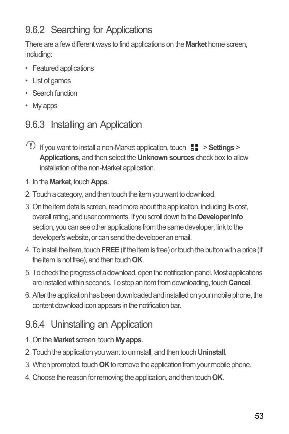 2 searching for applications, 3 installing an application, 4 uninstalling an application | Huawei M886 Criket User Manual | Page 57 / 84