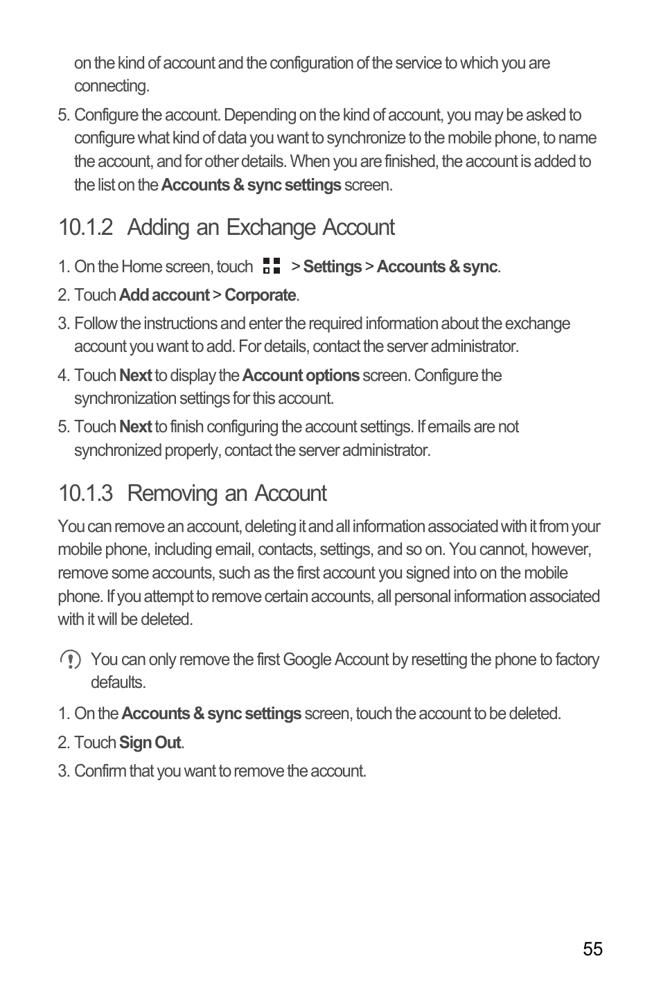 2 adding an exchange account, 3 removing an account | Huawei M886 Criket User Manual | Page 59 / 84