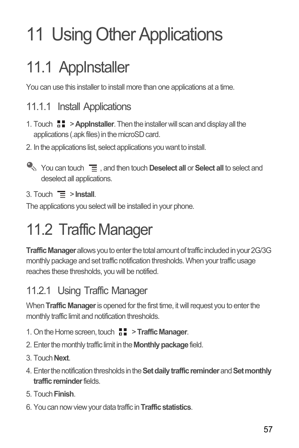 11 using other applications, 1 appinstaller, 1 install applications | 2 traffic manager, 1 using traffic manager, 1 appinstaller 11.2 traffic manager | Huawei M886 Criket User Manual | Page 61 / 84