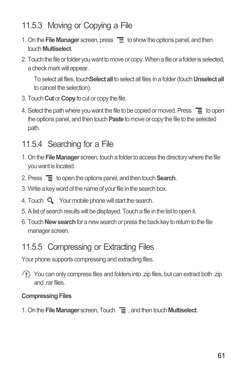 3 moving or copying a file, 4 searching for a file, 5 compressing or extracting files | Compressing files | Huawei M886 Criket User Manual | Page 65 / 84