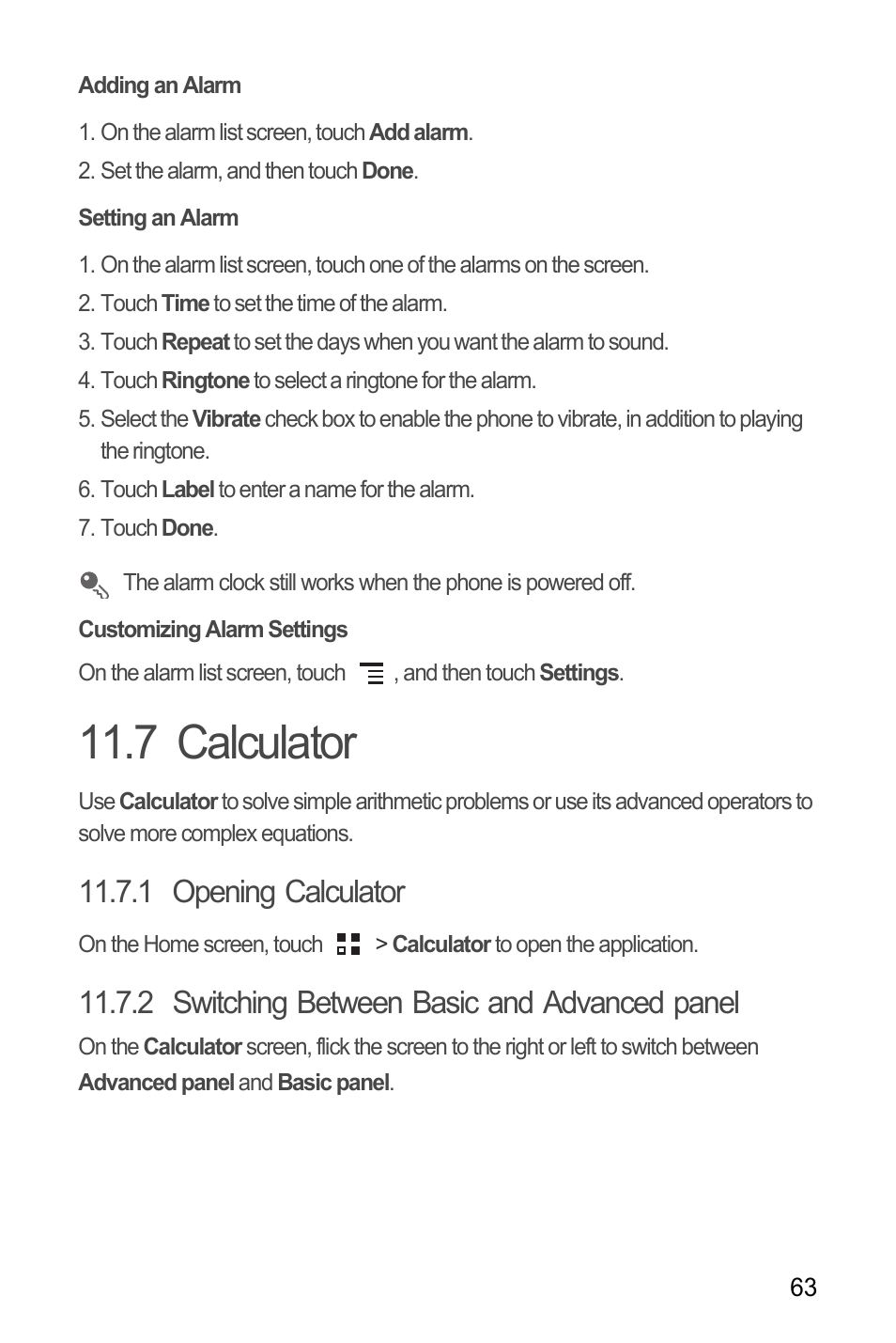 Adding an alarm, Setting an alarm, Customizing alarm settings | 7 calculator, 1 opening calculator, 2 switching between basic and advanced panel | Huawei M886 Criket User Manual | Page 67 / 84