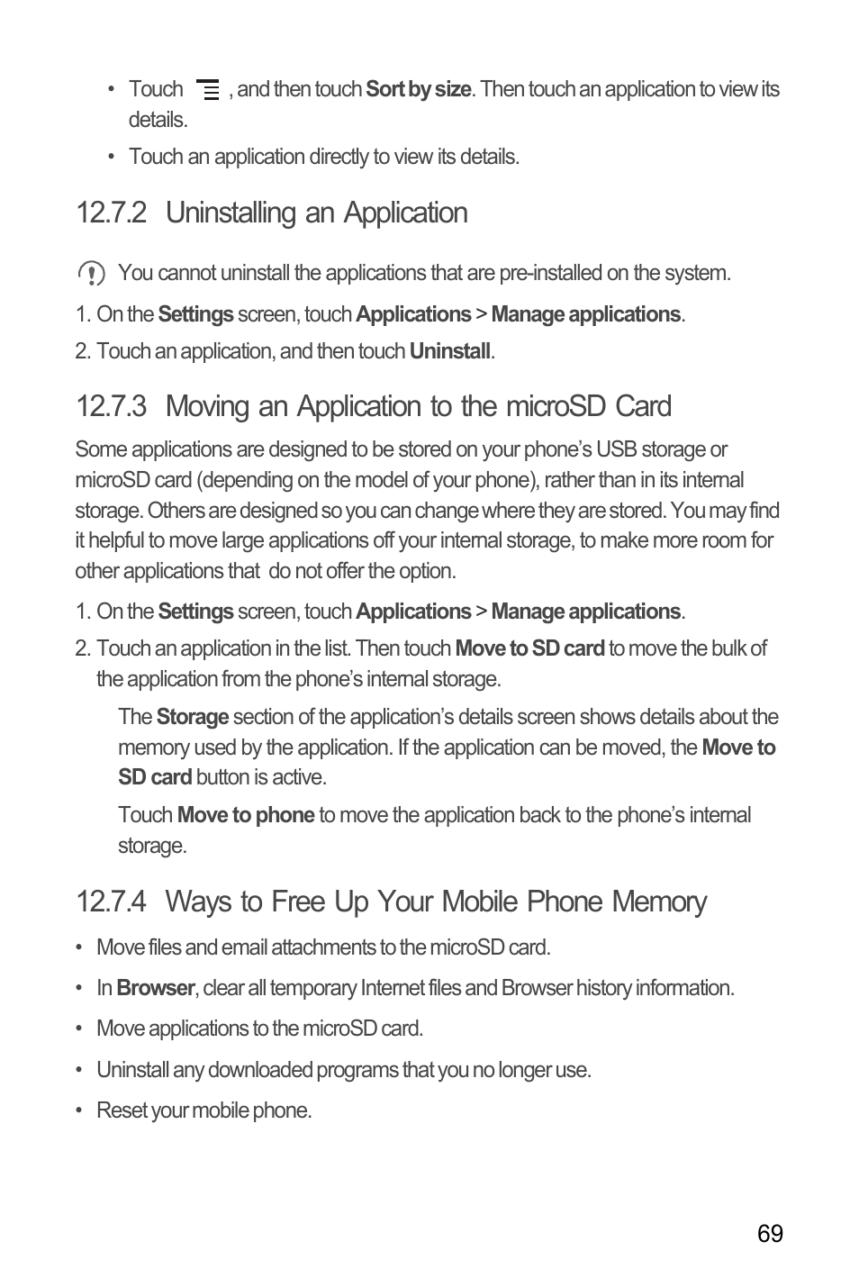 2 uninstalling an application, 3 moving an application to the microsd card, 4 ways to free up your mobile phone memory | Huawei M886 Criket User Manual | Page 73 / 84