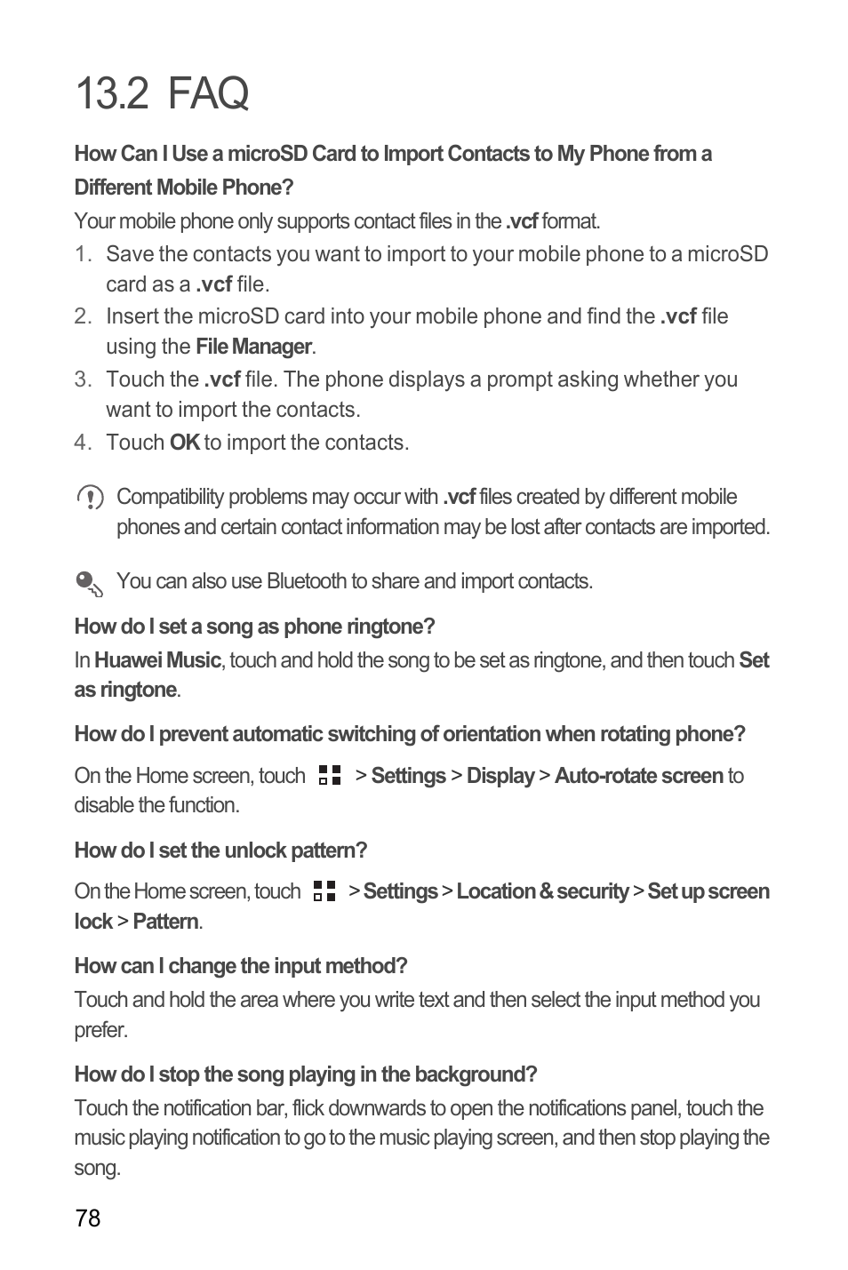 2 faq, How do i set a song as phone ringtone, How do i set the unlock pattern | How can i change the input method, How do i stop the song playing in the background | Huawei M886 Criket User Manual | Page 82 / 84