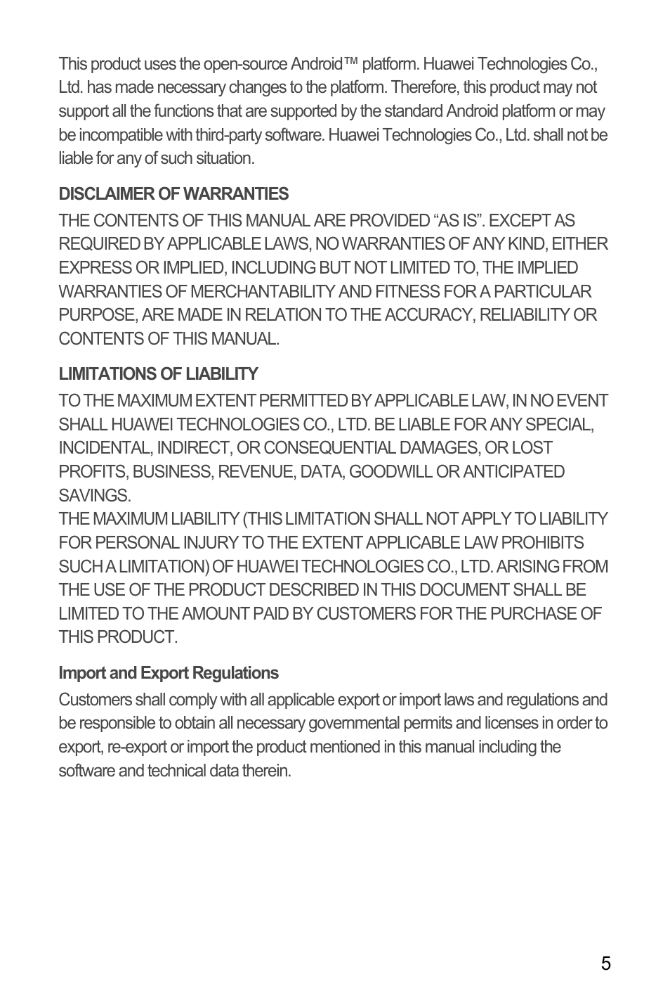 Disclaimer of warranties, Limitations of liability, Import and export regulations | Huawei M886 Criket User Manual | Page 9 / 84