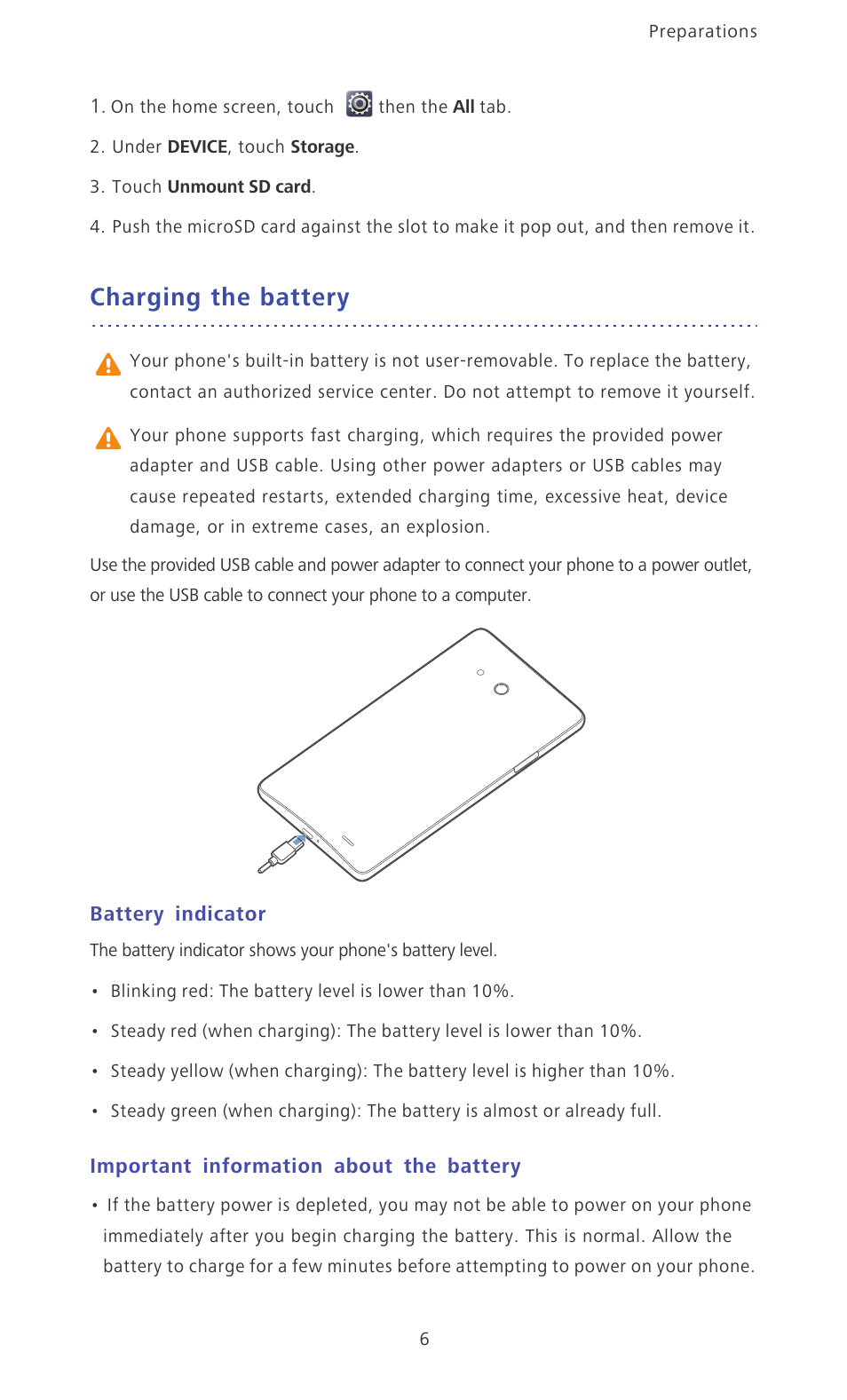 Charging the battery, Battery indicator, Important information about the battery | Huawei Ascend Mate MT1-U06 User Guide User Manual | Page 11 / 105
