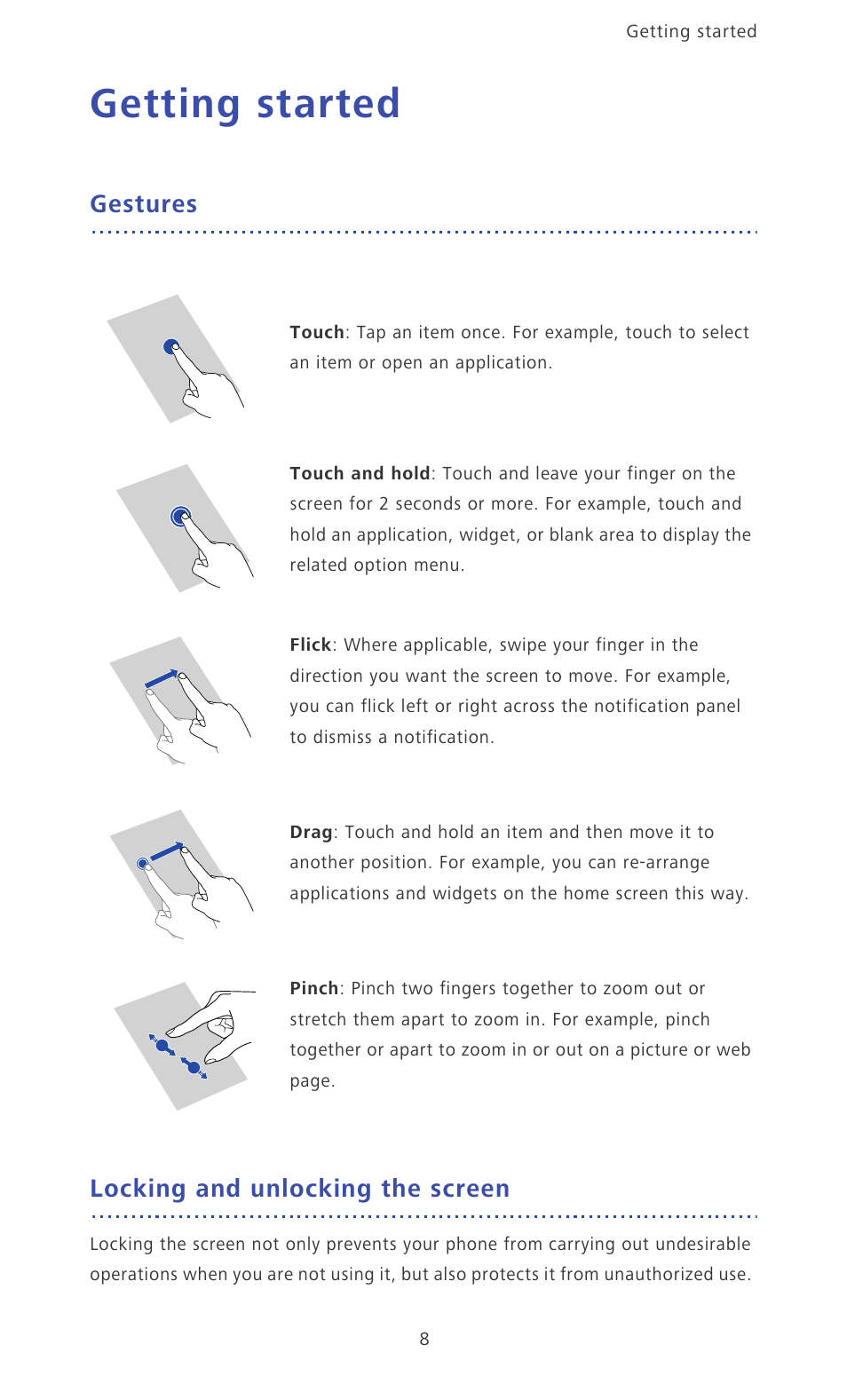 Getting started, Gestures, Locking and unlocking the screen | Gestures locking and unlocking the screen | Huawei Ascend Mate MT1-U06 User Guide User Manual | Page 13 / 105