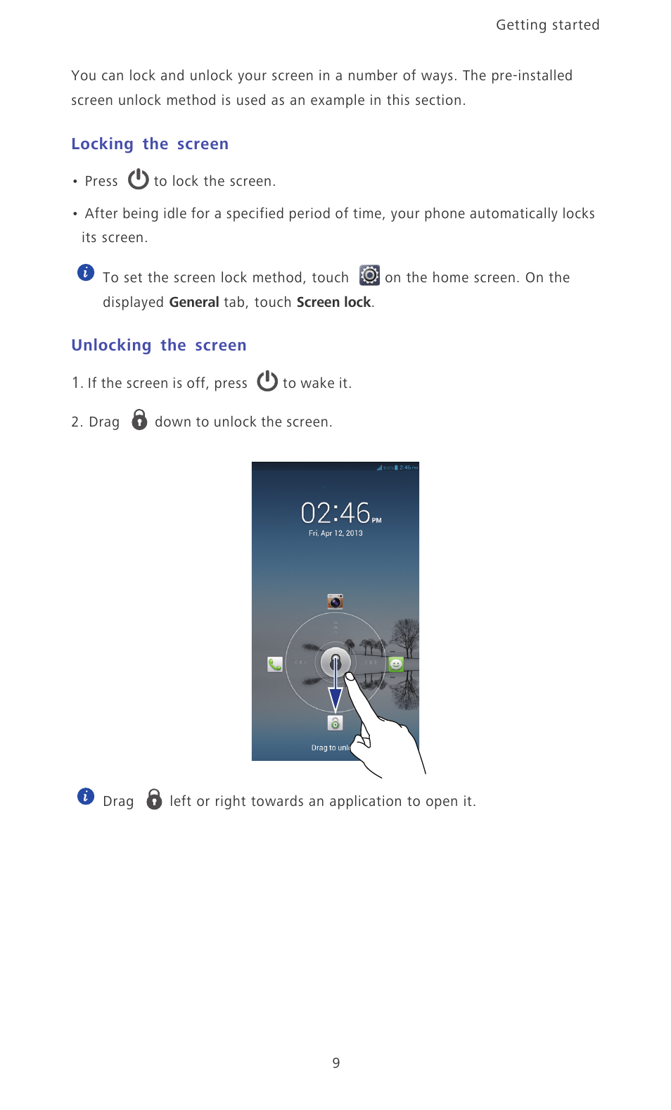 Locking the screen, Unlocking the screen | Huawei Ascend Mate MT1-U06 User Guide User Manual | Page 14 / 105