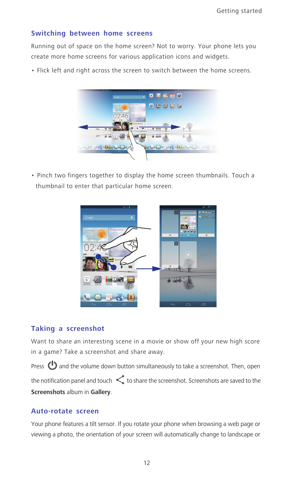 Switching between home screens, Taking a screenshot, Auto-rotate screen | Huawei Ascend Mate MT1-U06 User Guide User Manual | Page 17 / 105