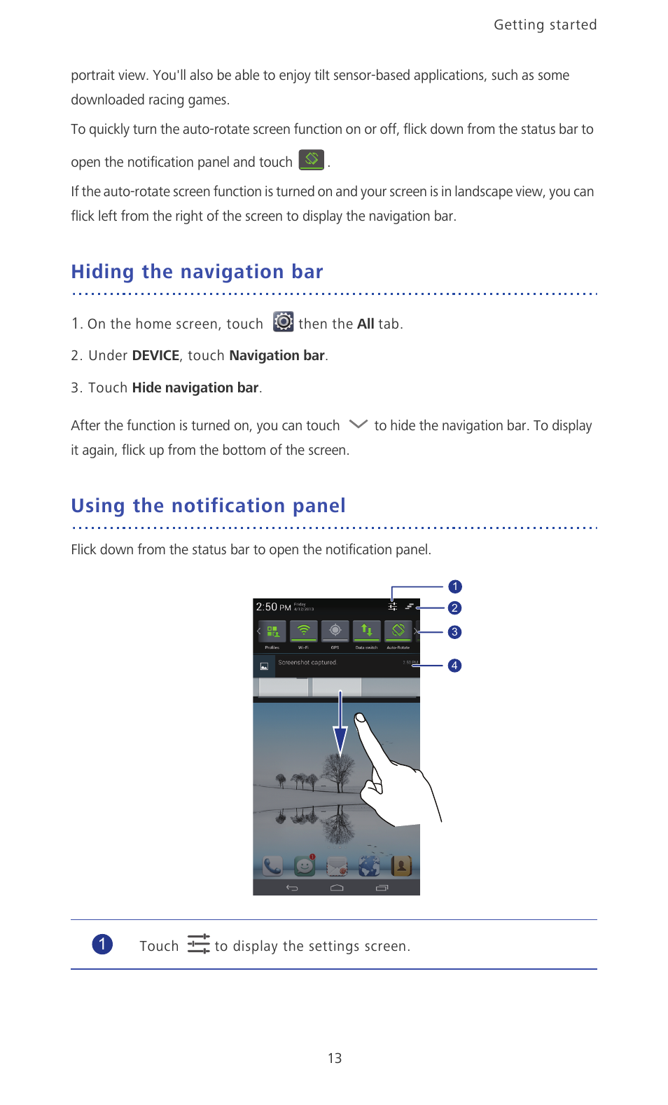 Hiding the navigation bar, Using the notification panel | Huawei Ascend Mate MT1-U06 User Guide User Manual | Page 18 / 105