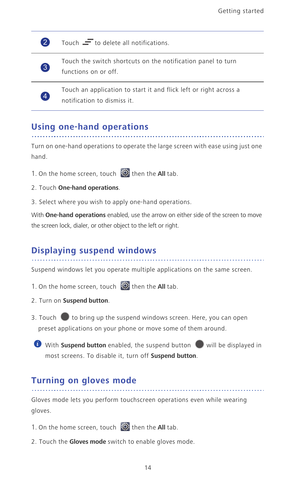 Using one-hand operations, Displaying suspend windows, Turning on gloves mode | Huawei Ascend Mate MT1-U06 User Guide User Manual | Page 19 / 105