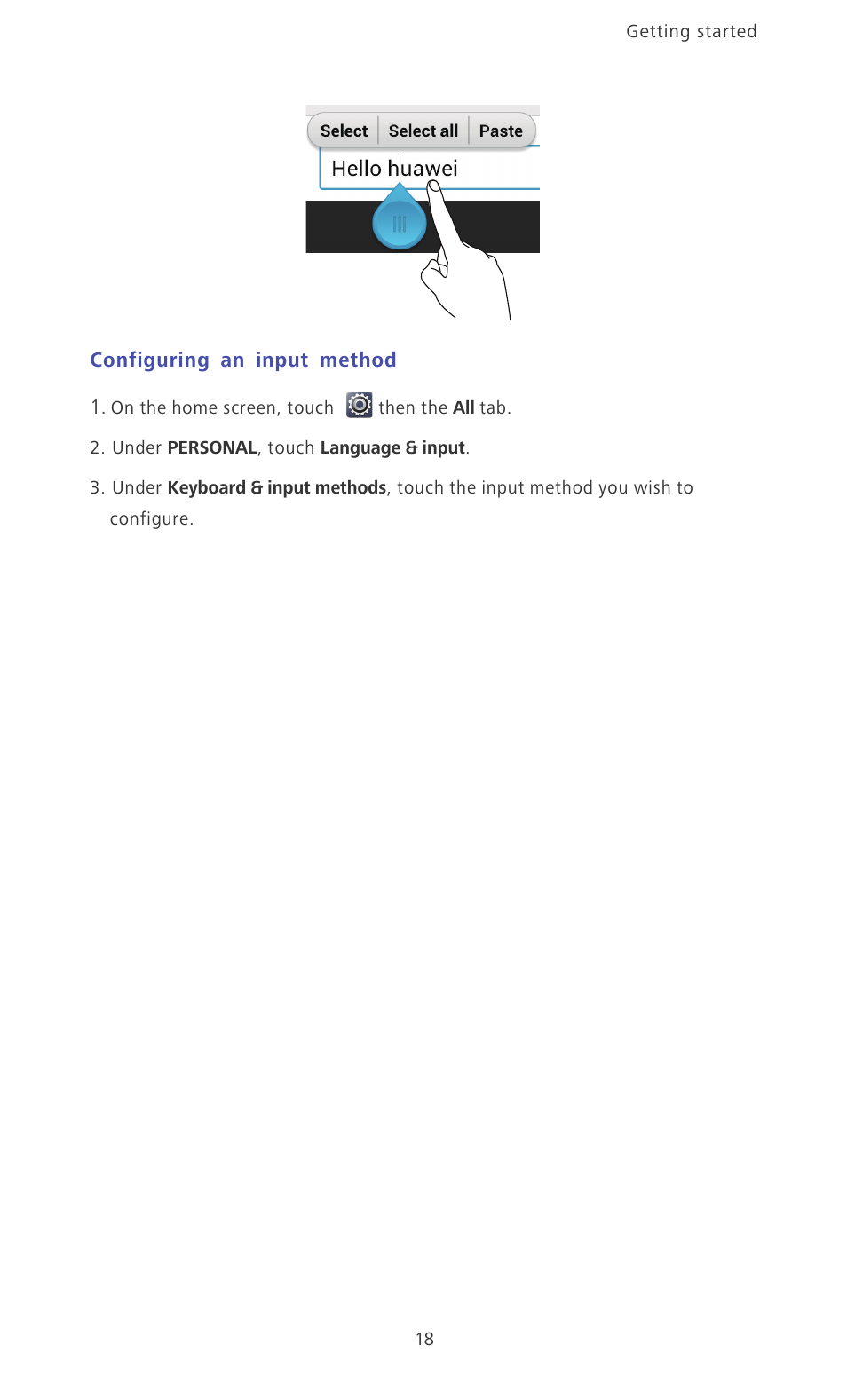 Configuring an input method | Huawei Ascend Mate MT1-U06 User Guide User Manual | Page 23 / 105